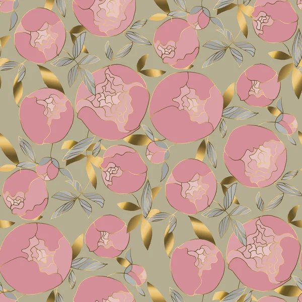 Délicat motif sans couture en or et pivoines roses — Image vectorielle