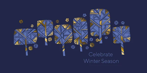 Banner de Navidad de oro de lujo y árbol de invierno azul — Vector de stock