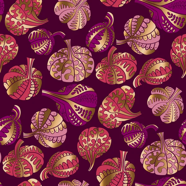 Elegante oro de lujo y calabaza púrpura patrón sin costuras — Archivo Imágenes Vectoriales