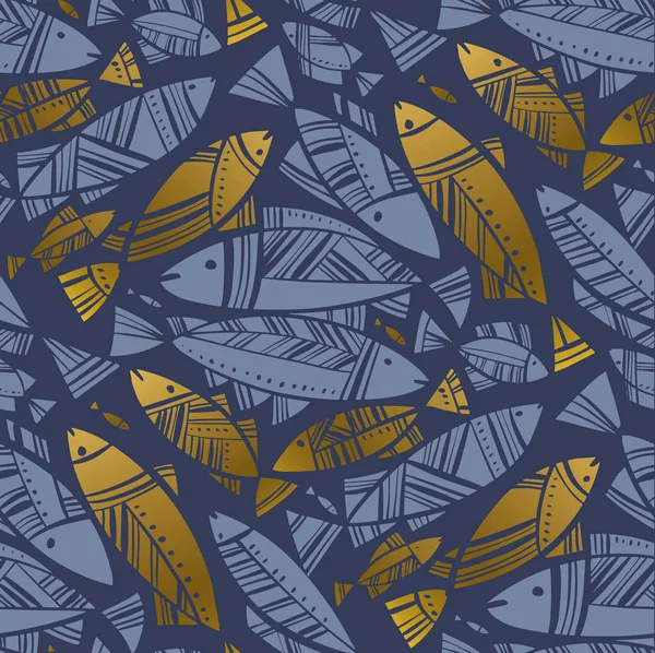 Blue and gold abstract herring or cod seamless pattern — Stock Vector