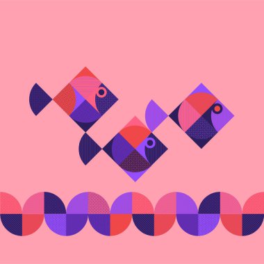 Geometrik stil balık ve dalga tasarım elementleri