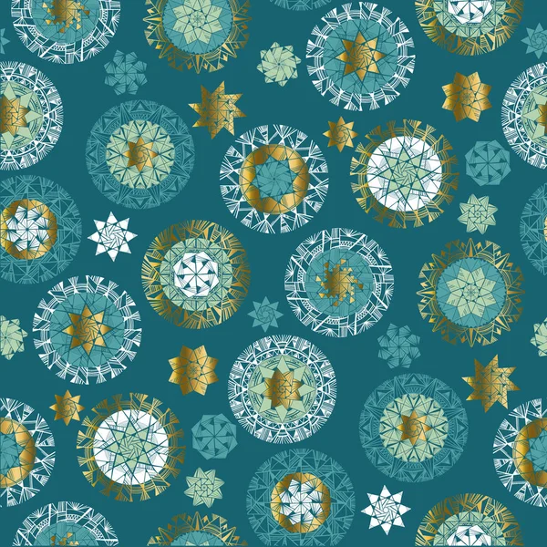 Emeraude vert et or flocons de neige motif sans couture — Image vectorielle