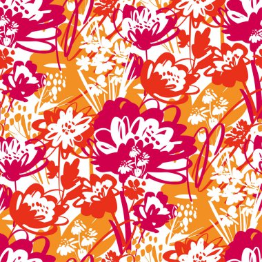 Canlı yaz renkleri eski püskü kaotik çayır çiçeğinin pürüzsüz deseni. Arka plan, kumaş, tekstil, ambalaj, yüzey, ağ ve baskı tasarımı için el çizimi tropikal vektör fayans uyumluluğu.