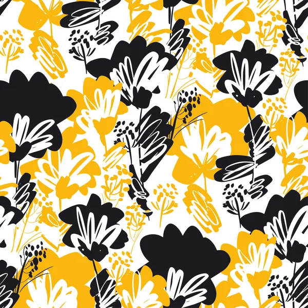 Motif Floral Dynamique Moderne Noir Jaune Sans Couture Carrelage Vectoriel — Image vectorielle