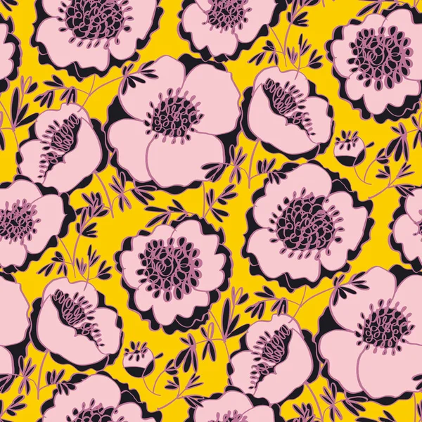 Веселі Сонячно Жовті Пастельні Рожеві Півонії Квіти Мотив Квітковий Безшовний — стоковий вектор