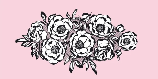 Clásico Elegante Peonía Blanca Negra Flores Composición Para Tarjeta Encabezado — Vector de stock