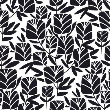 Soyut toprak ağası şekli çiçek siluetini arka plan, kumaş, tekstil, sargı, yüzey, ağ ve iz tasarımı için siyah ve beyaz renkte kullanıyordu. Vektör dekoratif kamelya çiçekli BW fayans uyumluluğu