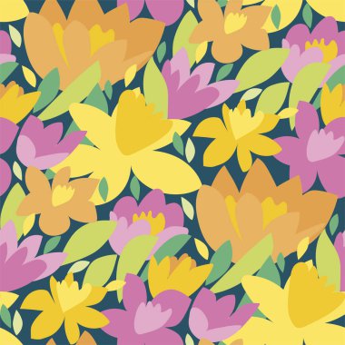 Kalın renkli bahar çiçekleri arka plan, kumaş, tekstil, ambalaj, yüzey, ağ ve baskı tasarımı için pürüzsüz desen. Lale ve nergis yeşil çimen vektör karo uyum içinde