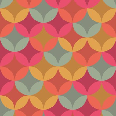 Antika titreşimler hardal altın ve pembe geometrik daireler arka plan, kumaş, tekstil, ambalaj, yüzey, ağ ve parmak izi tasarımı için kusursuz desen. Ekose geometri tekrarlanabilir motifi.