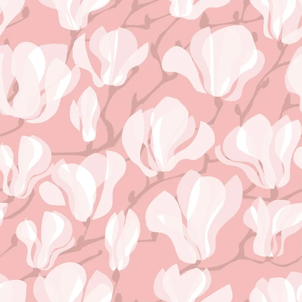 Weiße Zarte Magnolienblüten Blühen Nahtlos Als Muster Für Hintergrund Stoff — Stockvektor