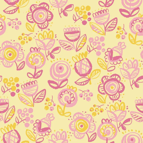 ラフな手描きブラシストローク抽象的な民俗スタイルの花の背景 ラップ ウェブやプリントデザインのためのシームレスなパターン 黄色とピンクのかわいい装飾花ベクトルタイルのRapport — ストックベクタ