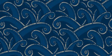 Dev okyanus dalgaları, arka plan, kumaş, tekstil, ambalaj, yüzey, ağ ve baskı tasarımı için kusursuz bir şablon oluşturur. Halkın titreşimleri mavi renklerle uyum içinde.