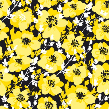 Kumaş, tekstil, web paylaşımı ve baskı ambalajı tasarımı için siyah ve sarı renksiz çiçek deseni. Soyut çiçek vektör arkaplanı.
