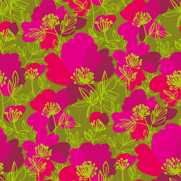 Summer wild meadow flowers seamless pattern for background, fabric, textile, wrap, surface, web and print design. Decorative abstract floral silhouette rapport in green and pink.