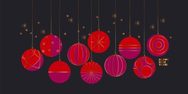 Yeni yıl tebrik kartı ya da kırmızı ve pembe renkli davetiye. Ofis ve iş atmosferi projeleri için şık bir Noel balosu. Orta çağ antika titreşimli xmas dekor.