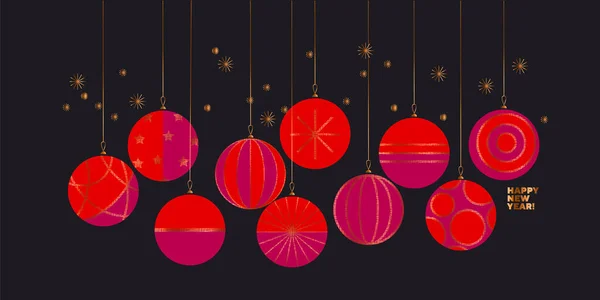 Nieuwjaar Wenskaart Uitnodiging Rood Roze Kleur Elegante Formele Stijl Kerstballen — Stockvector