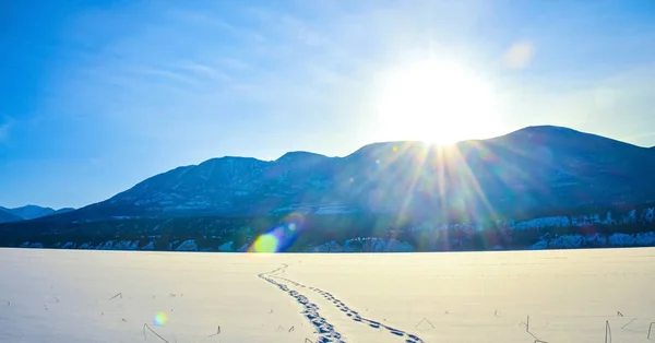 脚印在雪地里穿过冰冻的湖面 有太阳耀斑 积雪覆盖群山的背景 加拿大不列颠哥伦比亚省的一座冬季山地景观 — 图库照片