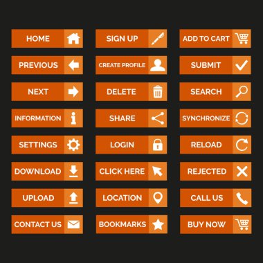 Siyah arka plan üzerine düz web düğmeleri topluluğu... Vektör çizim
