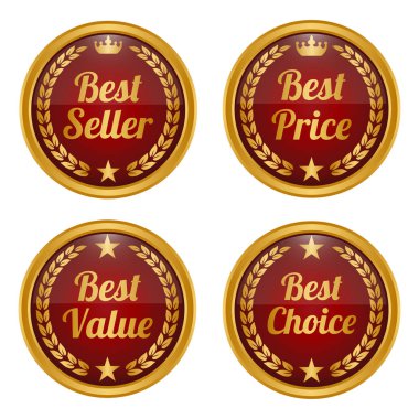 Beyaz zemin üzerine kırmızı ve altın rozet koleksiyonu. Vektör çizim