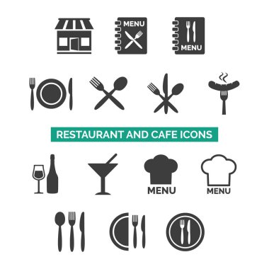 Beyaz arka plan üzerinde restoran ve kafe Icons set.