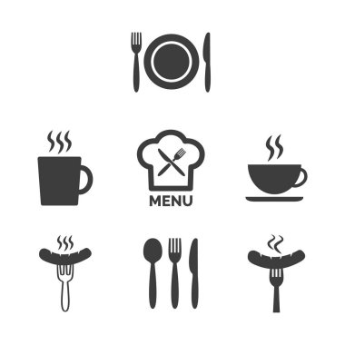 Beyaz arka plan üzerinde restoran ve kafe Icons set.