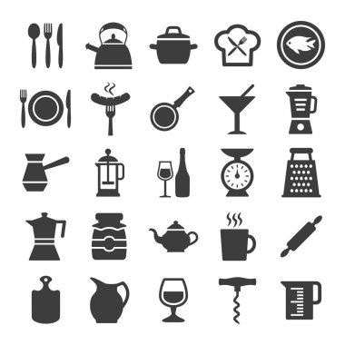 Beyaz arka plan üzerine ayarlanmış mutfak ve pişirme simgeleri.