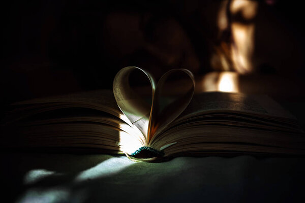 Book with opened pages and shape of heart with young girl on background. Love concept. Vintage toning