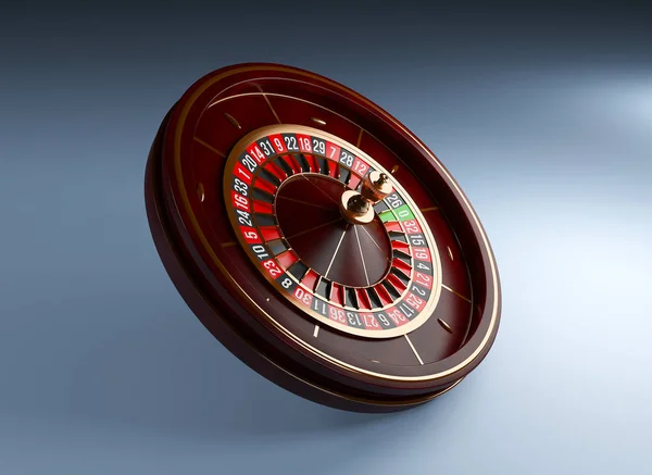 Lujo Casino ruleta rueda sobre fondo azul. Ruleta de casino de madera 3d representación ilustración —  Fotos de Stock