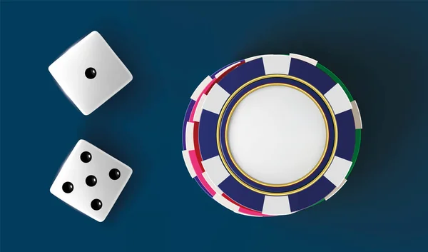 Dados de fundo do casino e fichas. Vista superior de dados e chips no fundo azul. Conceito de mesa de casino online com lugar para texto no chip — Vetor de Stock