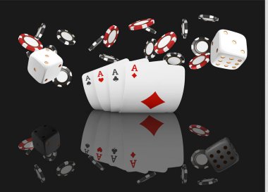İskambil ve poker fişleri casino fly. Siyah arka plan üzerine kavram. Poker casino vektör çizim. Kırmızı ve siyah gerçekçi çip havada. Kumar kavramı, poker mobil app simgesi