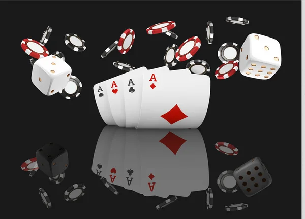 Bermain kartu dan chip poker terbang kasino. Konsep pada latar belakang hitam. Ilustrasi vektor kasino Poker. Merah dan hitam chip realistis di udara. Konsep perjudian, ikon aplikasi mobile poker - Stok Vektor