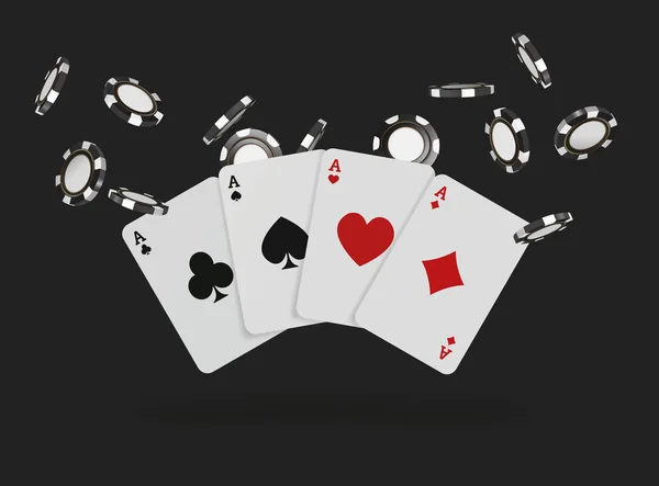 Bermain kartu dan chip poker terbang kasino. Konsep pada latar belakang hitam. Ilustrasi vektor kasino Poker - Stok Vektor