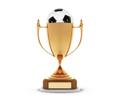 Gerçekçi altın kupa Kupası Altın Top içinde. Kazanan Kupası ve futbol topu. Futbol topu ile ahşap raf üzerinde parlak altın 3d ödül ödüller. Vektör çizim