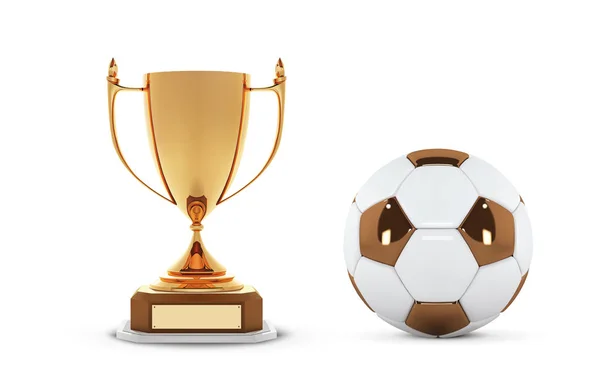 Coppa trofeo d'oro realistico con palla d'oro. Coppa del vincitore e pallone da calcio. Brillanti premi trofeo dorato 3d su mensola in legno con pallone da calcio. Illustrazione vettoriale — Vettoriale Stock