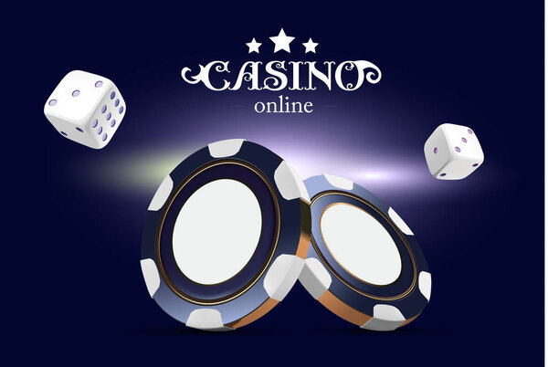 Casino poker chips and dice. Casino game 3D chips. Online casino banner. Blue realistic chip. Gambling concept, poker mobile app icon. dice falling in the air