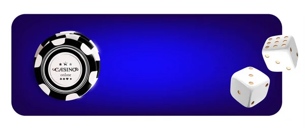 Vista superior de fichas de poker Casino, dados em fundo azul. Banner de casino online ampla com jogo de chip preto e branco na mesa azul e lugar para texto. Jogo 3d vetor conceito — Vetor de Stock