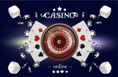 Casino arka plan rulet tekerleği ile iskambil, zar ve patates kızartması. Online casino poker tablo konsept tasarımı. Mavi arka plan üzerinde üstten görünüm beyaz zar ve cips. Casino işareti. 3D vektör çizim