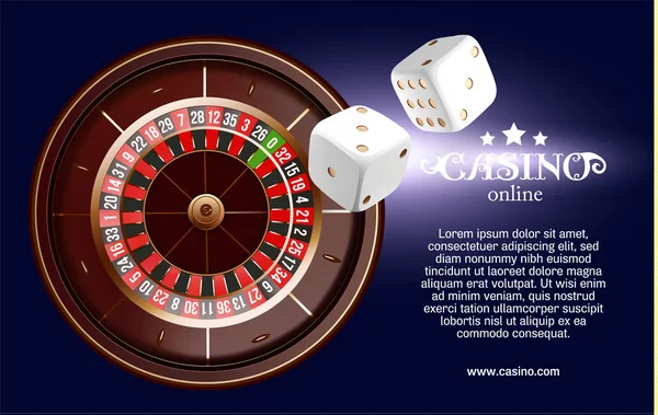 Casino achtergrond roulettewiel met speelkaarten, dobbelstenen en chips. Online casino poker tabel conceptontwerp. Bovenaanzicht van witte dobbelstenen en chips op blauwe achtergrond. Casino van teken. 3D-vectorillustratie — Stockvector