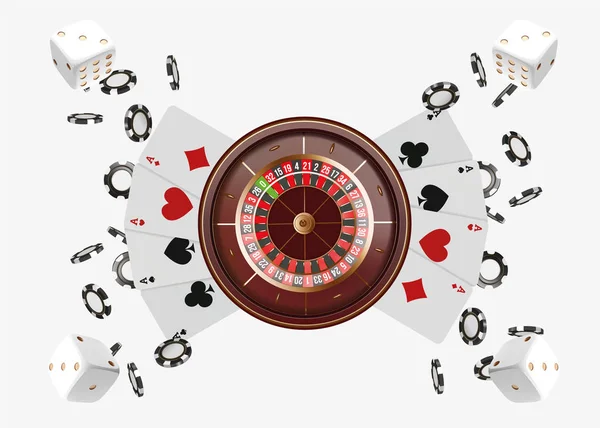 トランプ、サイコロ、チップ カジノ背景のルーレットのホイール。オンラインカジノ ポーカー テーブルのコンセプト デザイン。青の背景に白のサイコロとチップの上から見る。カジノの記号。3 d ベクトル図 — ストックベクタ