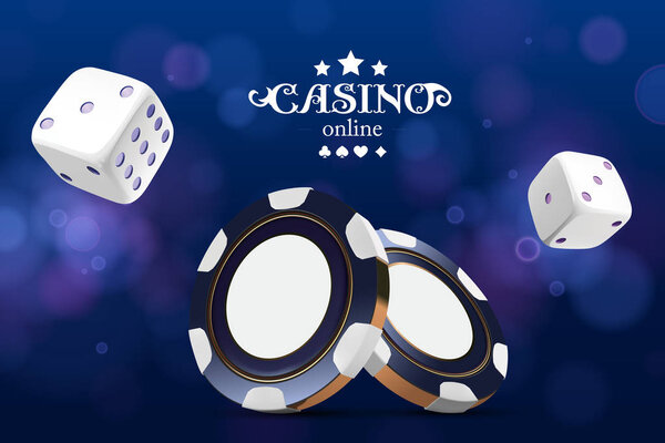 Casino poker chips and dice. Casino game 3D chips. Online casino banner. Blue realistic chip. Gambling concept, poker mobile app icon. dice falling in the air