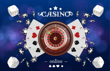 Casino arka plan rulet tekerleği ile iskambil, zar ve patates kızartması. Online casino poker tablo konsept tasarımı. Mavi arka plan üzerinde üstten görünüm beyaz zar ve cips. Casino işareti. 3D vektör çizim