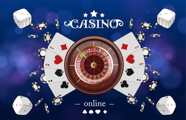 Колесо рулетки казино с игральными картами, кубиками и фишками. Дизайн покерного стола онлайн казино. Вид сверху на белый диск и фишки на голубом фоне. Знак казино. Трехмерная векторная иллюстрация
