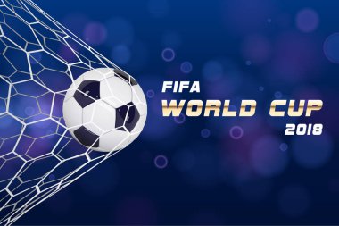 Vektör gerçekçi futbol topu veya mavi arka plan net futbol topu. 3D stil vektör topu. Hedef an düzen şablonu tasarım. FIFA Dünya Kupası