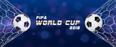 Vektör gerçekçi futbol topu veya mavi arka plan net futbol topu. 3D stil vektör topu. Hedef an düzen şablonu tasarım. FIFA Dünya Kupası