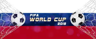 Vektör gerçekçi futbol topu veya net Rus bayrağı arka üzerinde futbol topu. 3D stil vektör topu. Hedef an düzen şablonu tasarım. FIFA Dünya Kupası