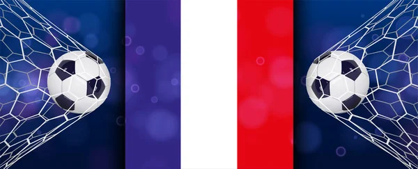 Vector realistische voetbal of de Voetbal bal in het net op de vlag van Frankrijk achtergrond. 3D-stijl vector bal. Doel moment layout sjabloonontwerp. FIFA world cup™ — Stockvector