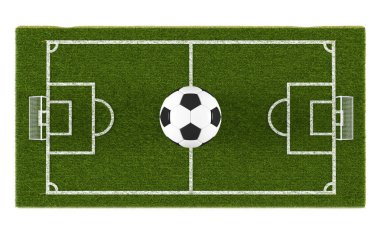 Yeşil çim futbol topu alan arka plan üzerinde alan ve futbol. Futbol stadyumu oyun 3d nesne alanının. Futbol topu. 3D render