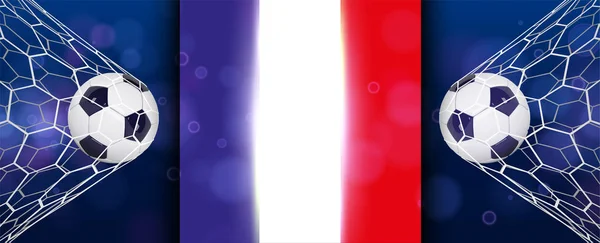 ฟุตบอลหรือแบนเนอร์กว้างฟุตบอลที่มีลูกบอล 3D บนพื้นหลังสีฟ้าและธงของฝรั่งเศส เกมฟุตบอลจับคู่ช่วงเวลาเป้าหมายกับลูกบอลที่สมจริงในเน็ตและสถานที่สําหรับข้อความ — ภาพเวกเตอร์สต็อก