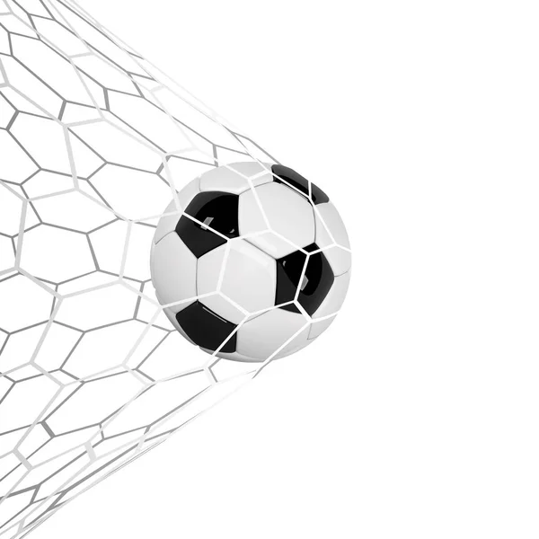 Fútbol o balón de fútbol 3d aislado sobre fondo blanco. Juego de fútbol momento gol partido con bola realista en la red y lugar para el texto — Vector de stock