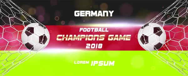 Футбол або футбол широкий банер з 3d м'яч на Німеччина прапор фон фоном. Німеччина футбольної гри матч мета момент з реалістичною м'яч в мережі і місце для тексту — стоковий вектор